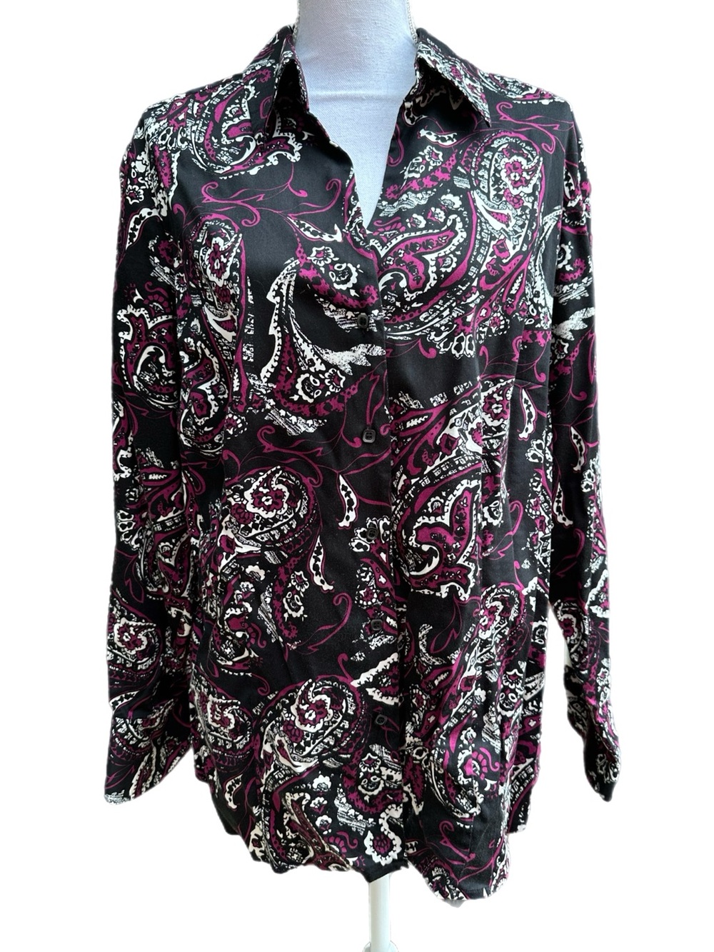 Charter Club Black and Magenta Paisley Button-Up Blouse